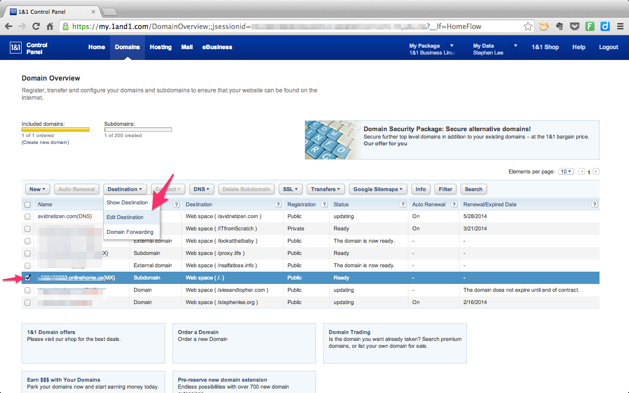 Manage Domains - Edit Destination