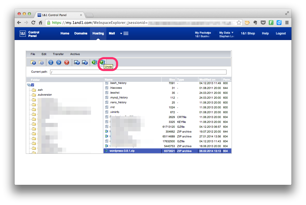 Webspace Explorer - Unzip WordPress